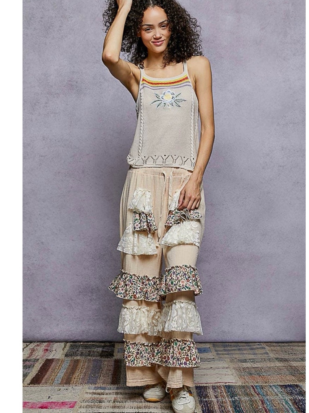 POL Tan & Floral Tiered Pants - Picture 2 of 5